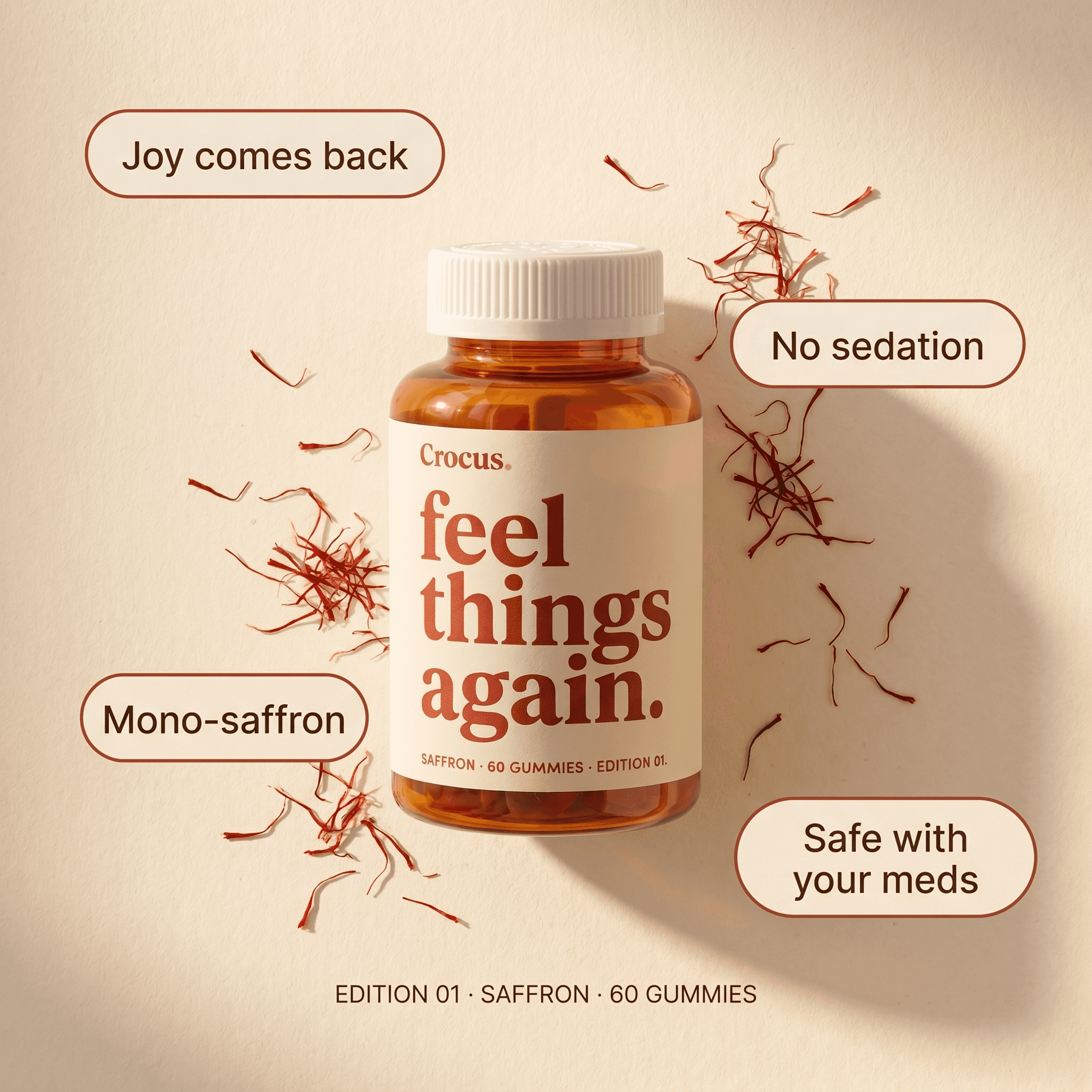Crocus Spark benefits — joy comes back, no sedation, mono-saffron, safe with your meds