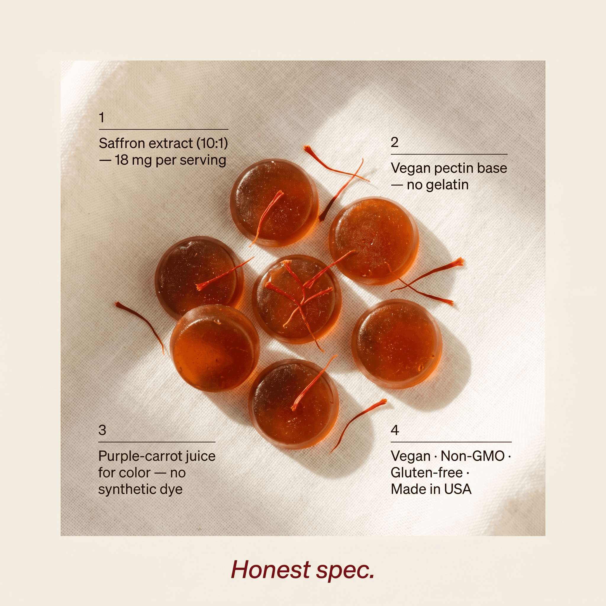 Honest spec — saffron extract 18mg, vegan pectin base, purple-carrot juice color, non-GMO and gluten-free