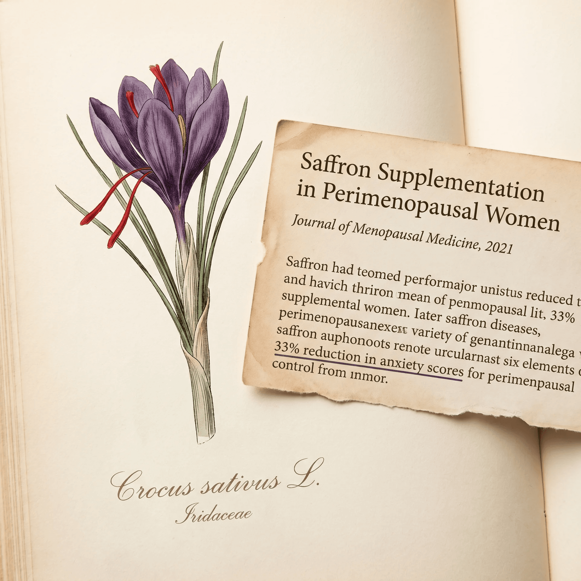 Vintage botanical illustration of Crocus sativus alongside a torn clipping from the 2021 Lopresti perimenopause RCT in the Journal of Menopausal Medicine