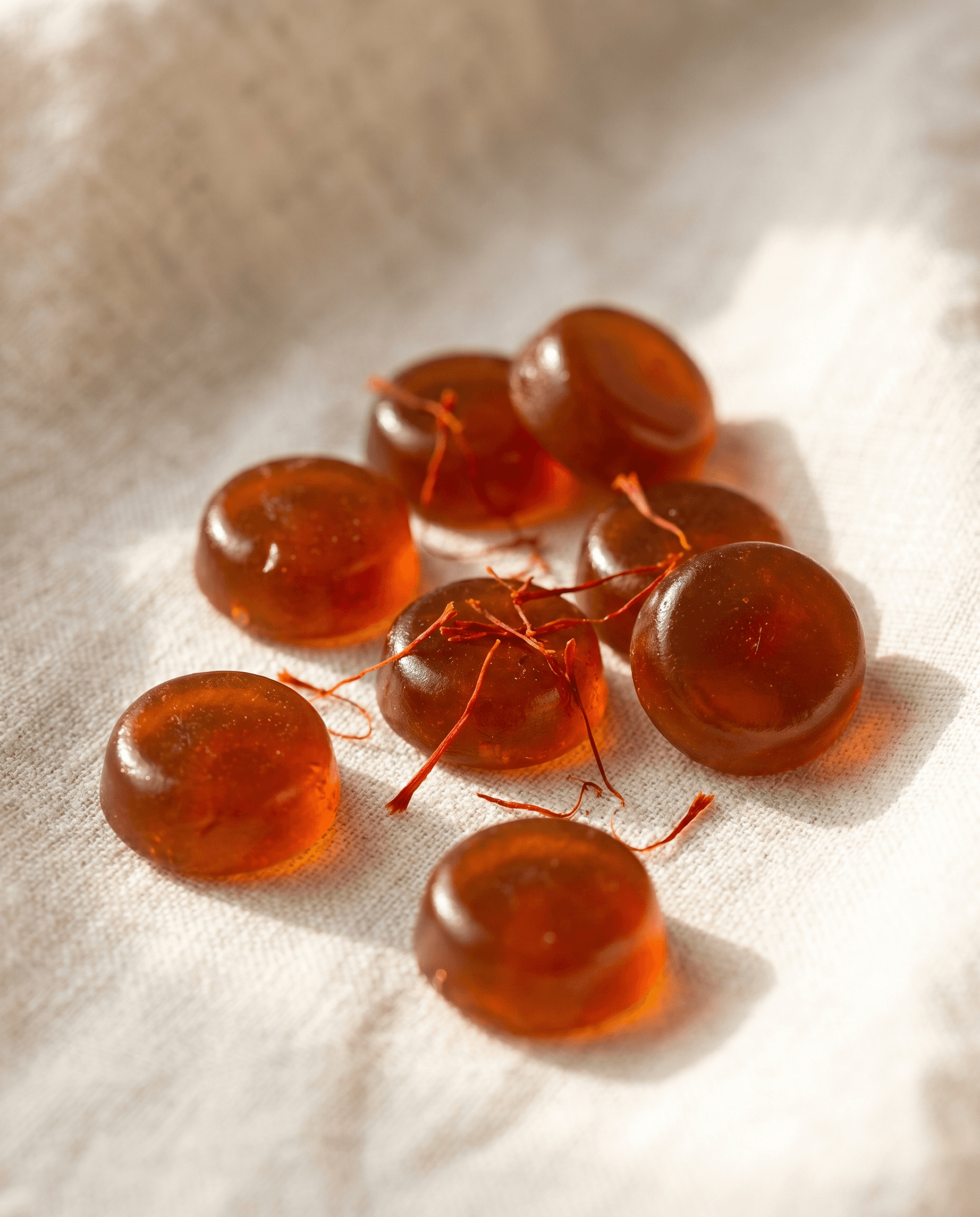 Macro of amber Crocus Spark gummies and saffron threads on natural linen