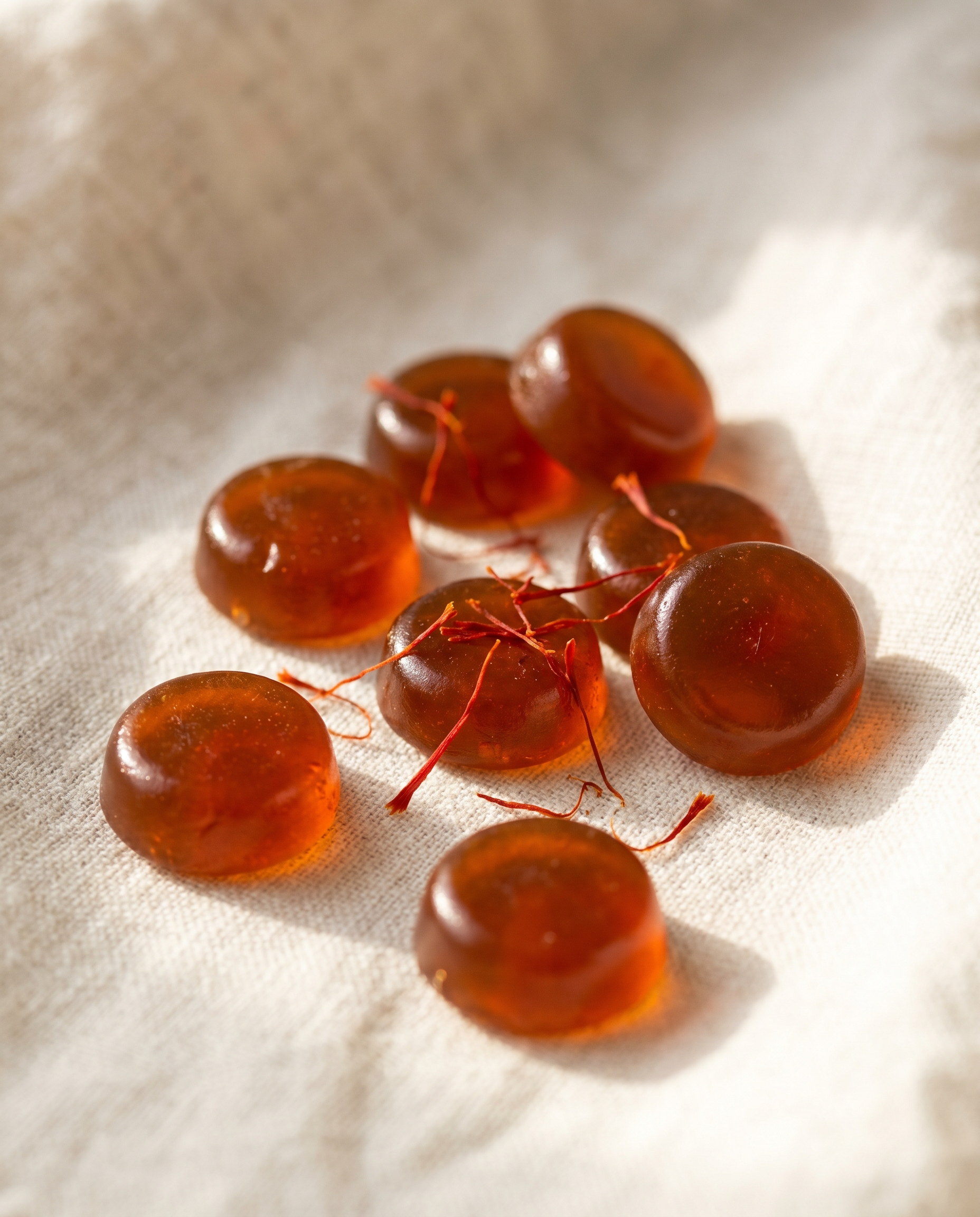 Macro of amber Crocus Spark gummies and saffron threads on natural linen